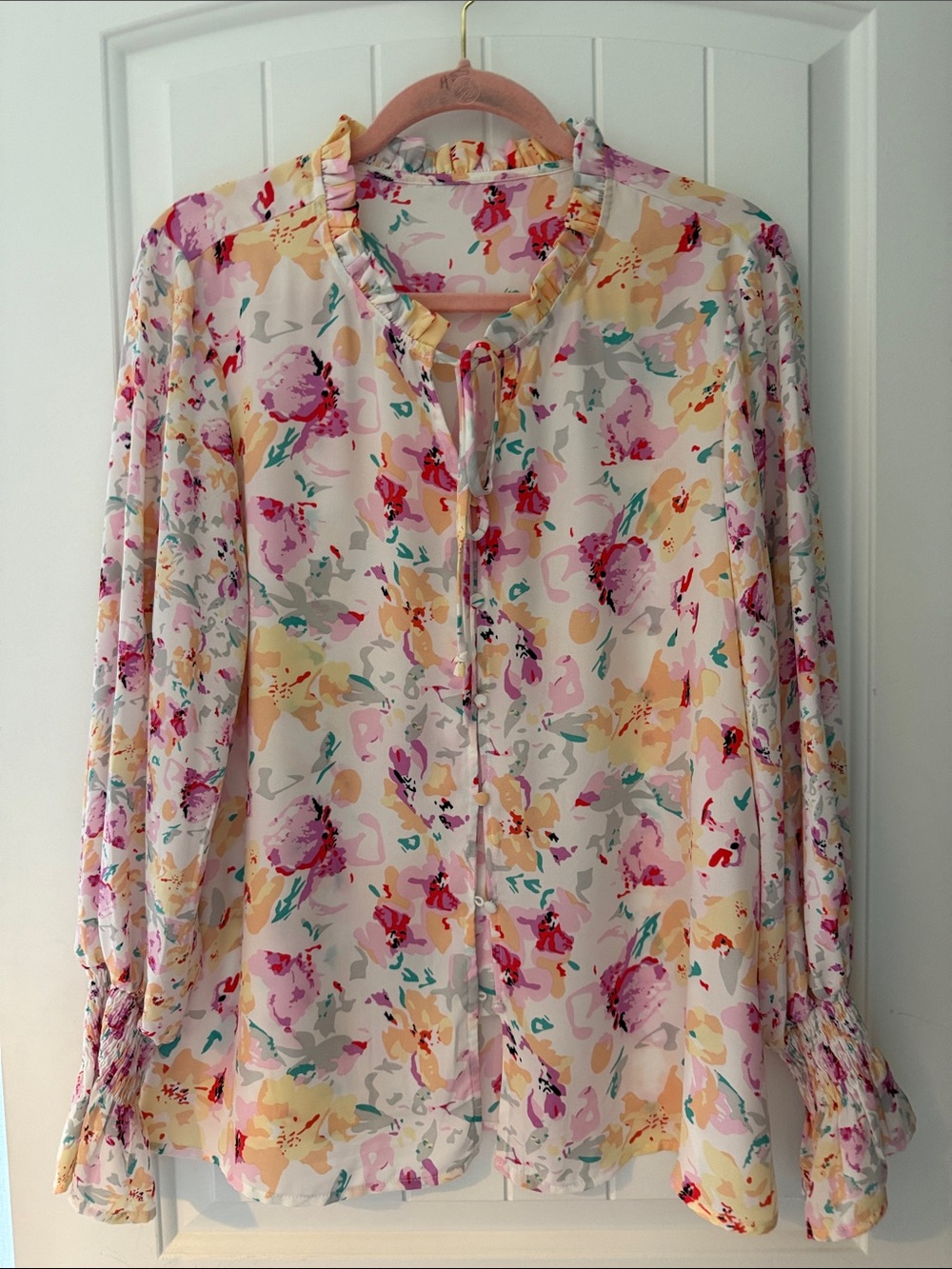 Floral Ruffle Tie-Neck Blouse - Pink Multi